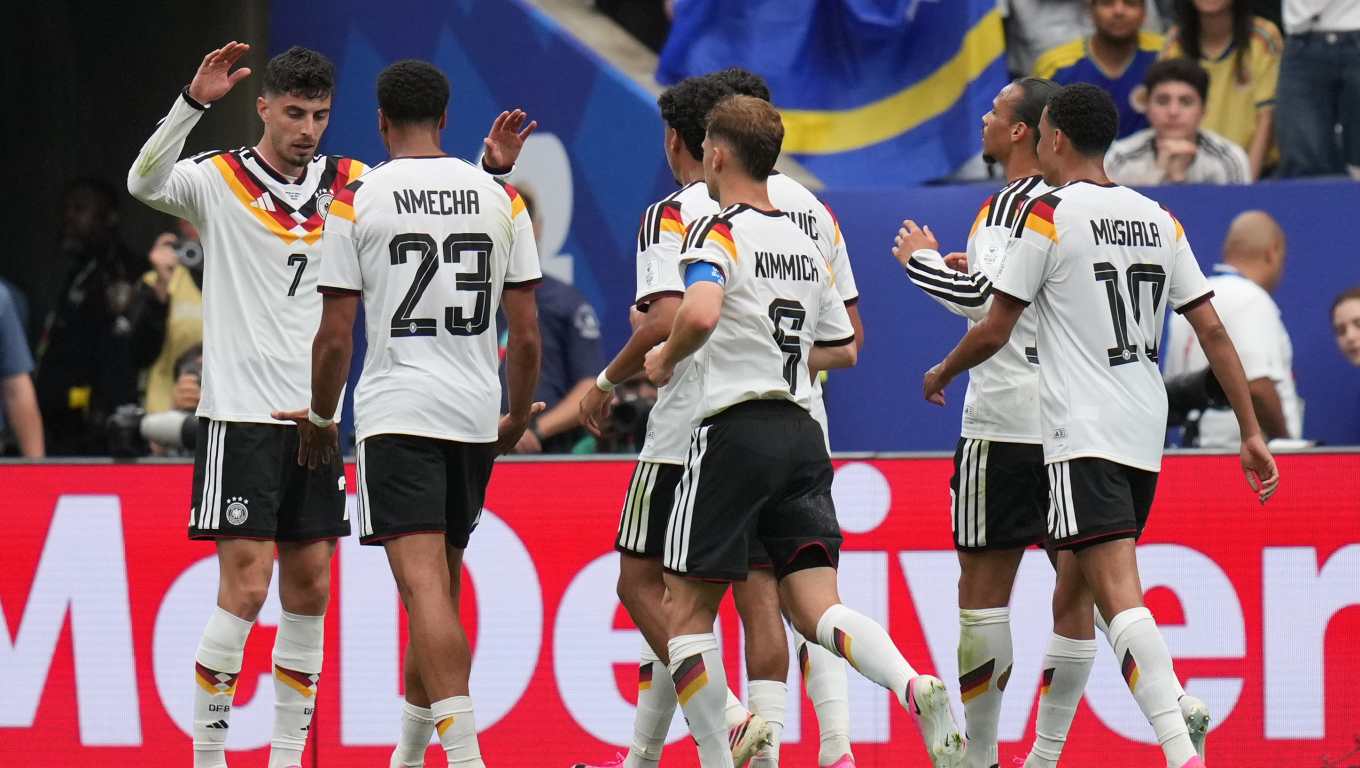 German players celebrate after scoring a third goal during the World Cup Group E soccer match between Germany and Curacao in Houston, Sunday, June 14, 2026. (AP Photo/Eric Gay)