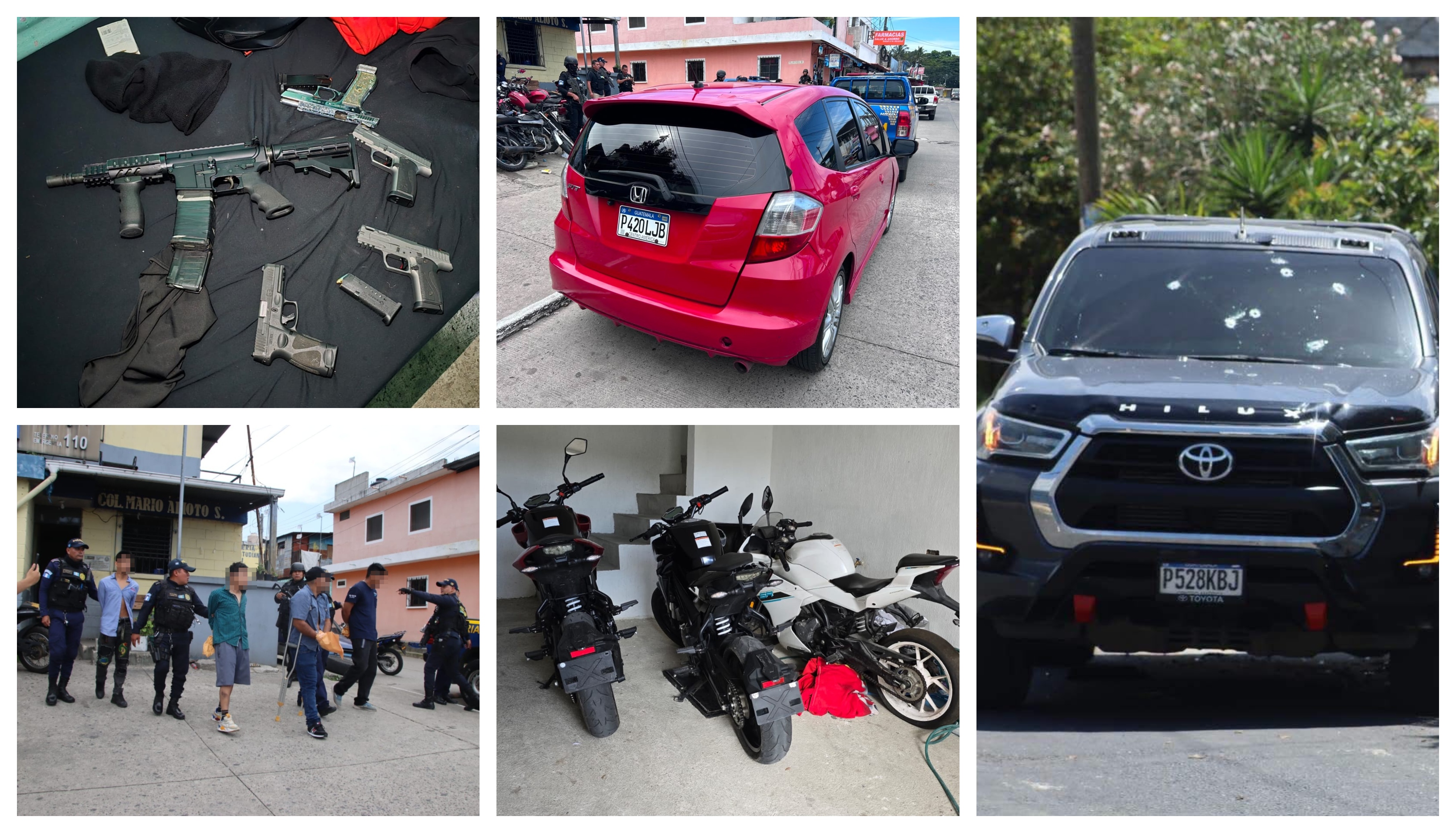 El operativo en Villa Nueva deja cinco capturados y el decomiso de armas, motocicletas con reporte de robo, chalecos antibalas y prendas con insignias de la Policía Municipal de Tránsito. (Foto Prensa Libre: PNC)