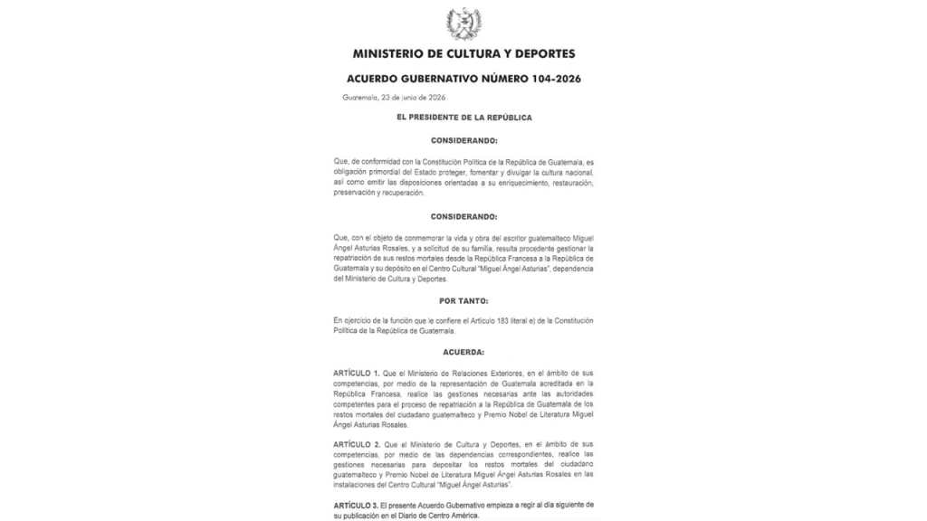 Miguel Ángel Asturias: Gobierno ordena gestionar la repatriación de sus restos desde Francia a Guatemala