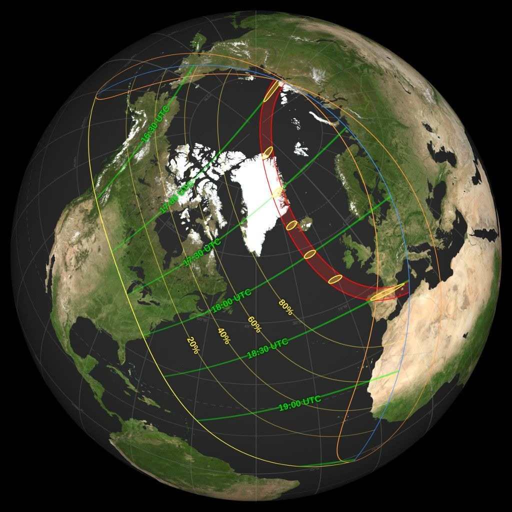 Mapa global de la trayectoria de la sombra proyectada durante el eclipse solar total del 12 de agosto de 2026. (Imagen: crédito NASA)