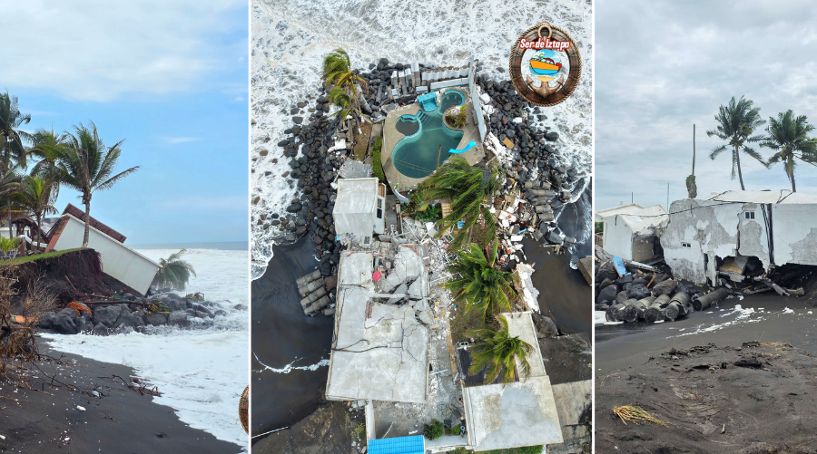 Casas de descanso destruidas por el fuerte oleaje en Atitancito, Iztapa, durante la emergencia provocada por el mar de fondo y la tormenta Cristina.