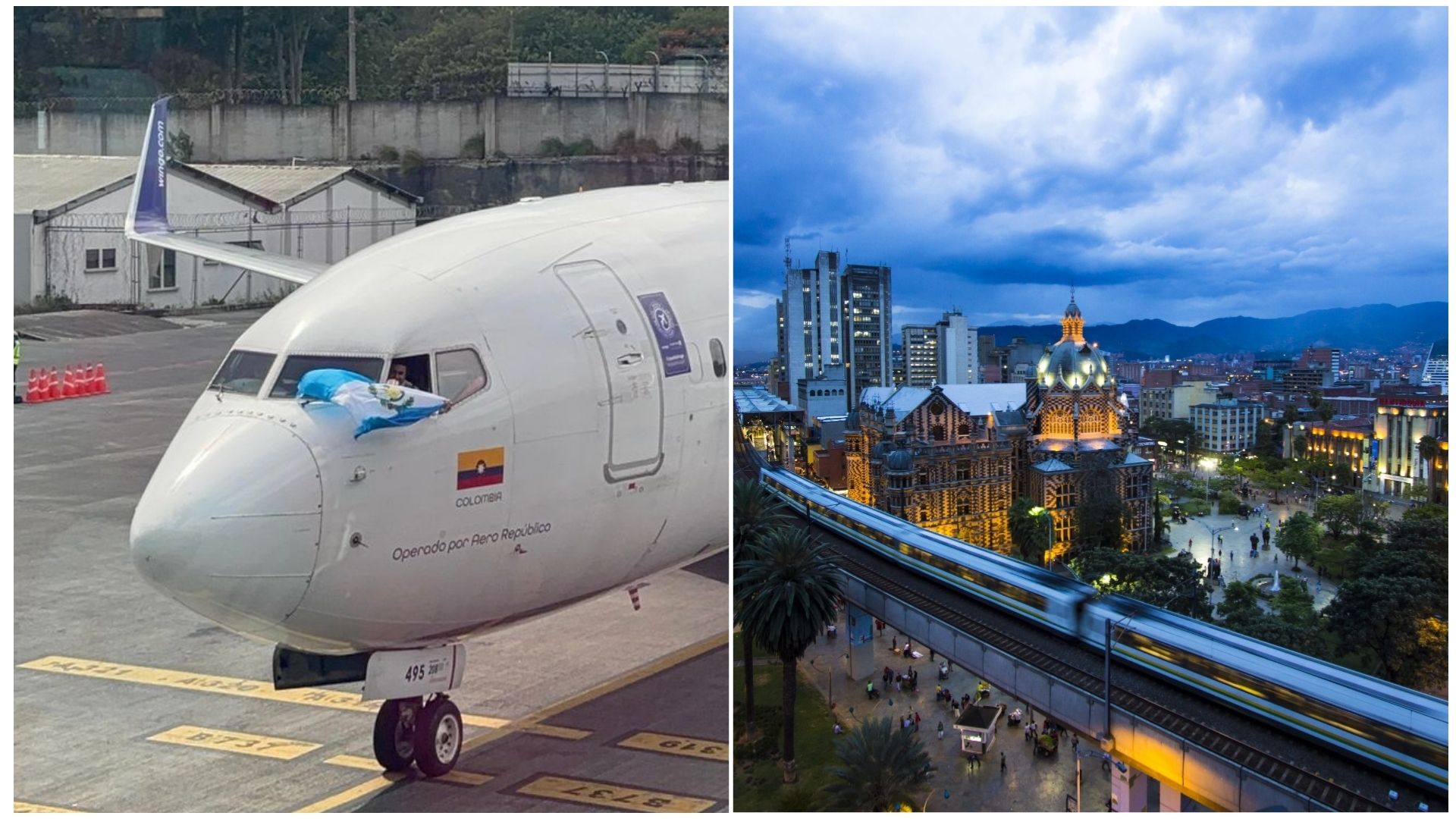 A la izquierda, el avión que realizó el primer vuelo este 25 de junio; a la derecha, una panorámica de Medellín donde destaca el sistema de metro. (Foto, Prensa Libre: cortesía Wingo)
