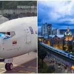 A la izquierda, el avión que realizó el primer vuelo este 25 de junio; a la derecha, una panorámica de Medellín donde destaca el sistema de metro. (Foto, Prensa Libre: cortesía Wingo)
