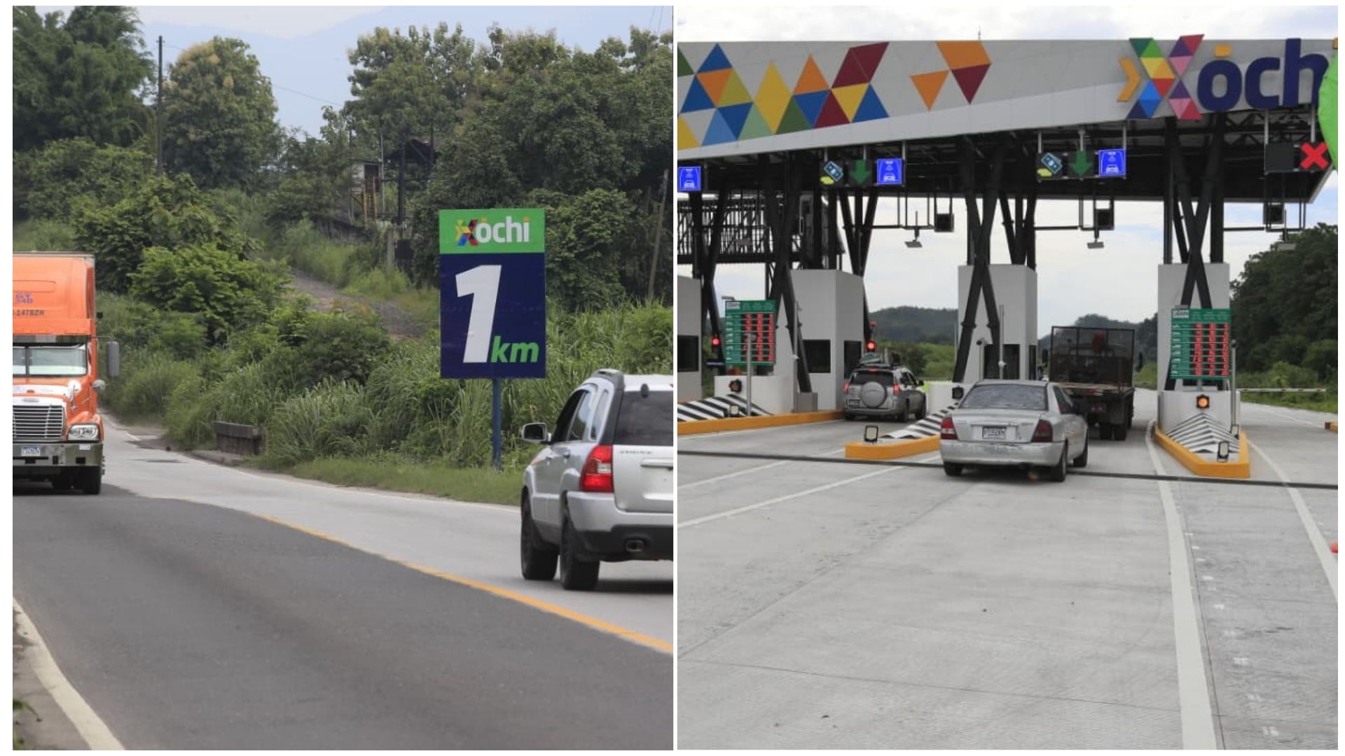 Se observa un cartel ubicado en el kilómetro 141 de la CA-2 Occidente, en San Antonio Suchitepéquez, que anuncia el inicio de la carretera Xochi a un kilómetro de distancia. En la imagen derecha, se muestra el ingreso principal al corredor vial Xochi. (Foto, Prensa Libre Moisés Xec)