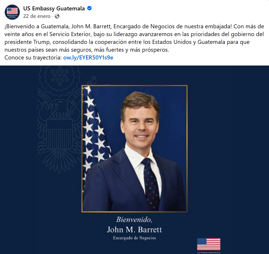 John Barrett, quien estuvo fue Encargado de Negocios en Guatemala de enero a abril de 2026. Foto, captura de pantalla RRSS Embajada de Estados Unidos en Guatemala.