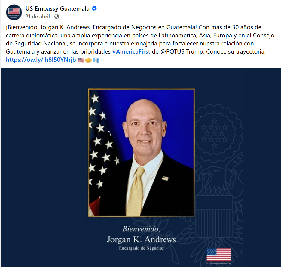   Jorgan Andrews has served as chargé d'affaires in Guatemala since April 2026. Screenshot RRSS US Embassy in Guatemala