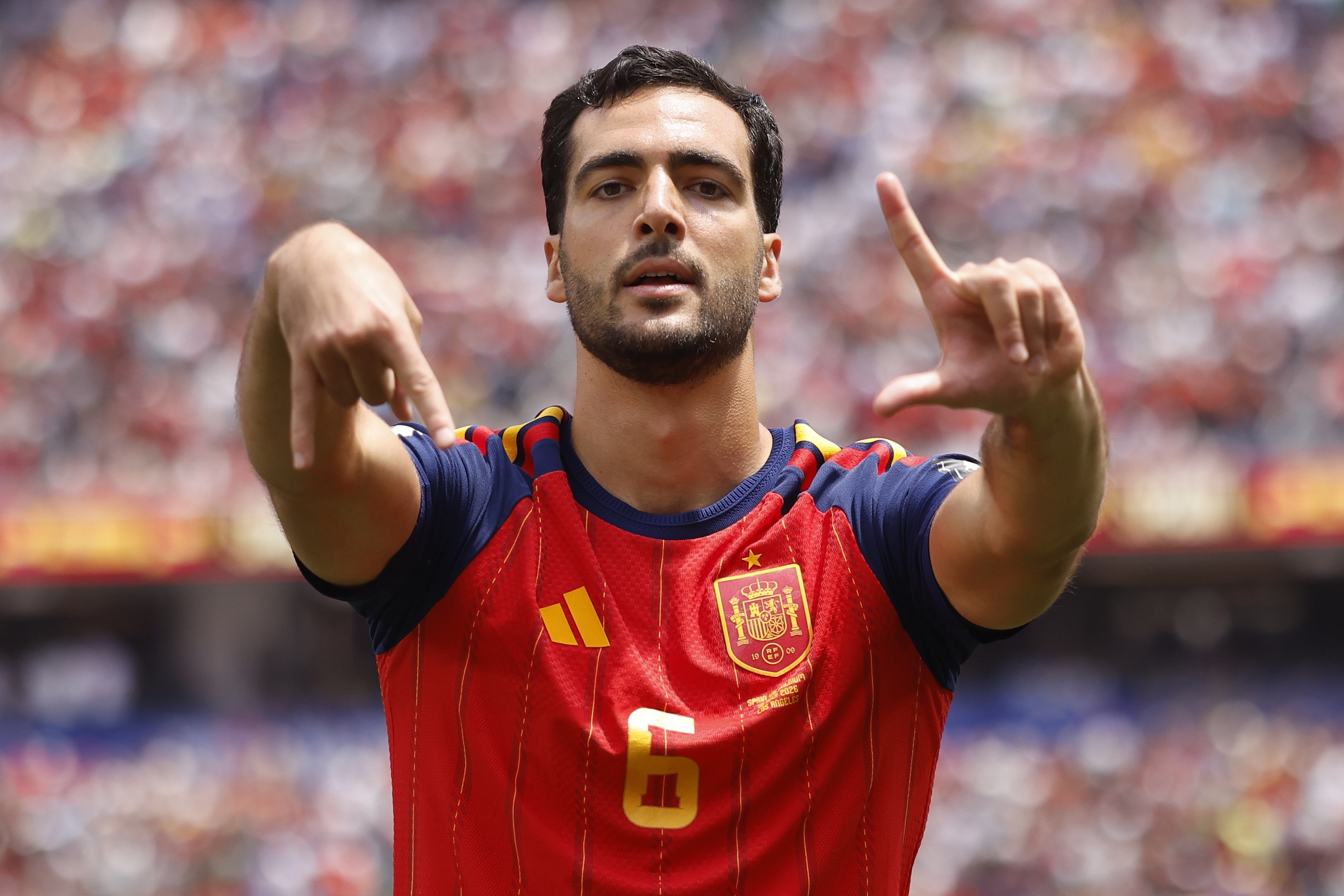 INGLEWOOD (United States), 10/07/2026.- Mikel Merino of Spain celebrates after scoring the 2-1 goal during the FIFA World Cup 2026 quarterfinals match Spain against Belgium, in Los Angeles, USA, 10 July 2026. (Bélgica, España) EFE/EPA/CHRISTOPHER TORRES