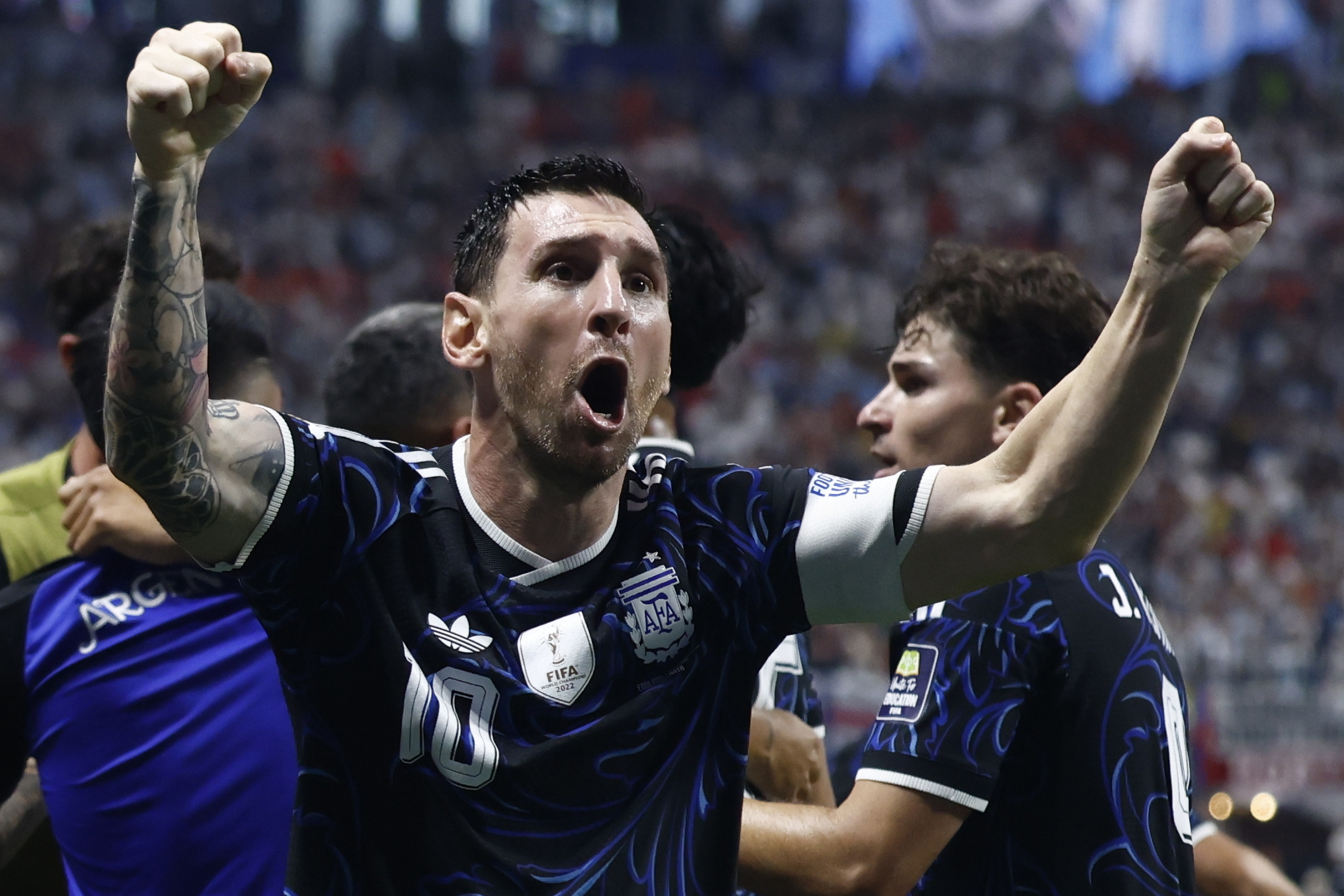ATLANTA (United States), 15/07/2026.- Lionel Messi of Argentina celebrates after the team scored a goal during the FIFA World Cup 2026 semifinals match England against Argentina, in Atlanta, USA, 15 July 2026. EFE/EPA/WILL OLIVER