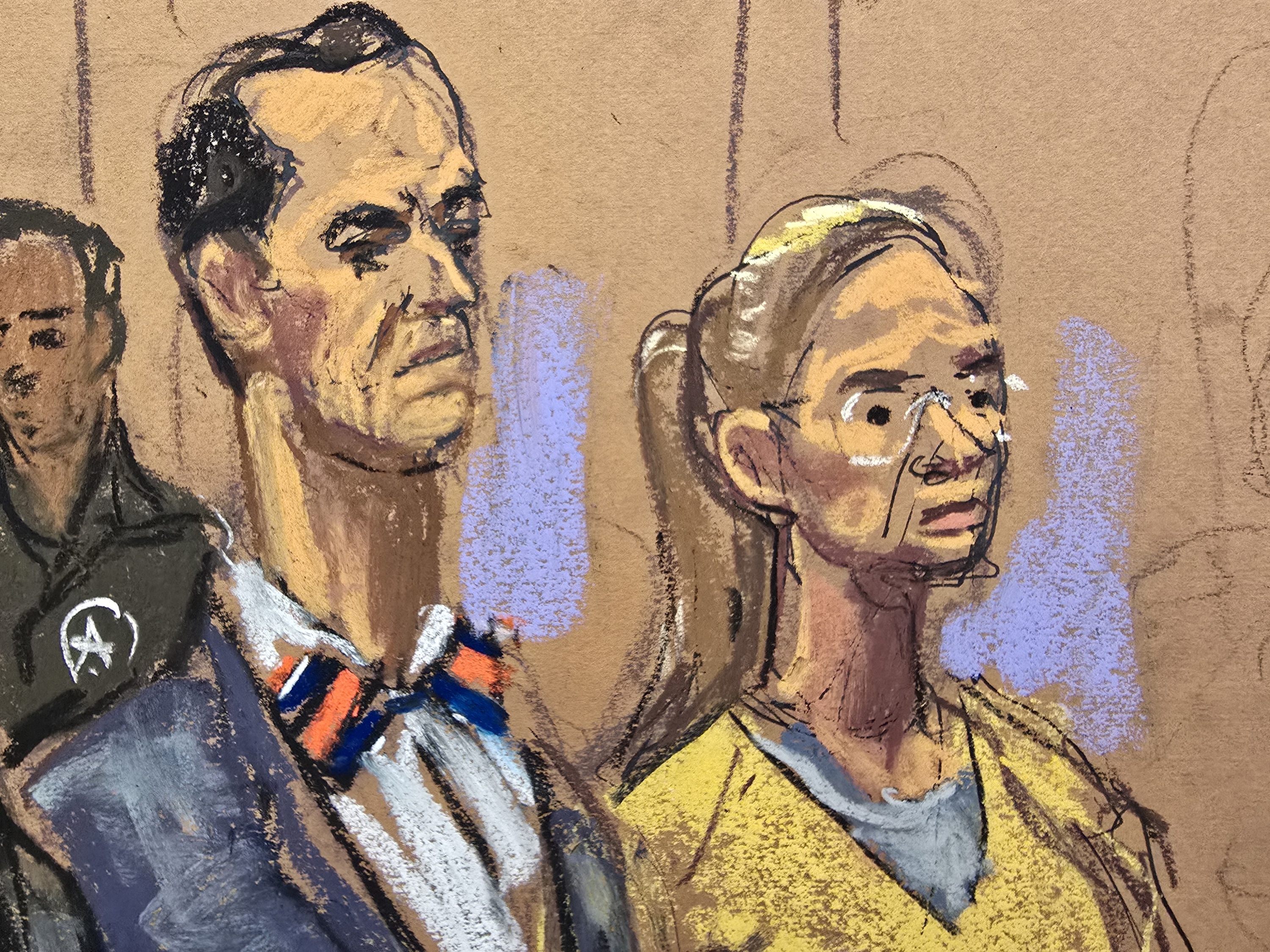  Fotografía de un dibujo realizado por la artista Jane Rosenberg que muestra a la esposa del presidente depuesto de Venezuela, Cilia Flores, junto al abogado defensor Mark Donnelly, durante una audiencia de seguimiento del proceso por cargos de narcoterrorismo y narcotráfico, en Nueva York. (Foto Prensa Libre: EFE/ Jane Rosenberg).