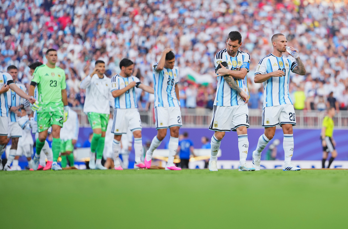 (260712) -- KANSAS CITY, July 12, 2026 (Xinhua) -- Lionel Messi (2nd R) and Alexis Mac Allister (1st R) of Argentina are seen before the quarter final match between Argentina and Switzerland at the 2026 FIFA World Cup at the Kansas City Stadium in Kansas City, the United States, July 11, 2026. (Xinhua/Xu Chang)