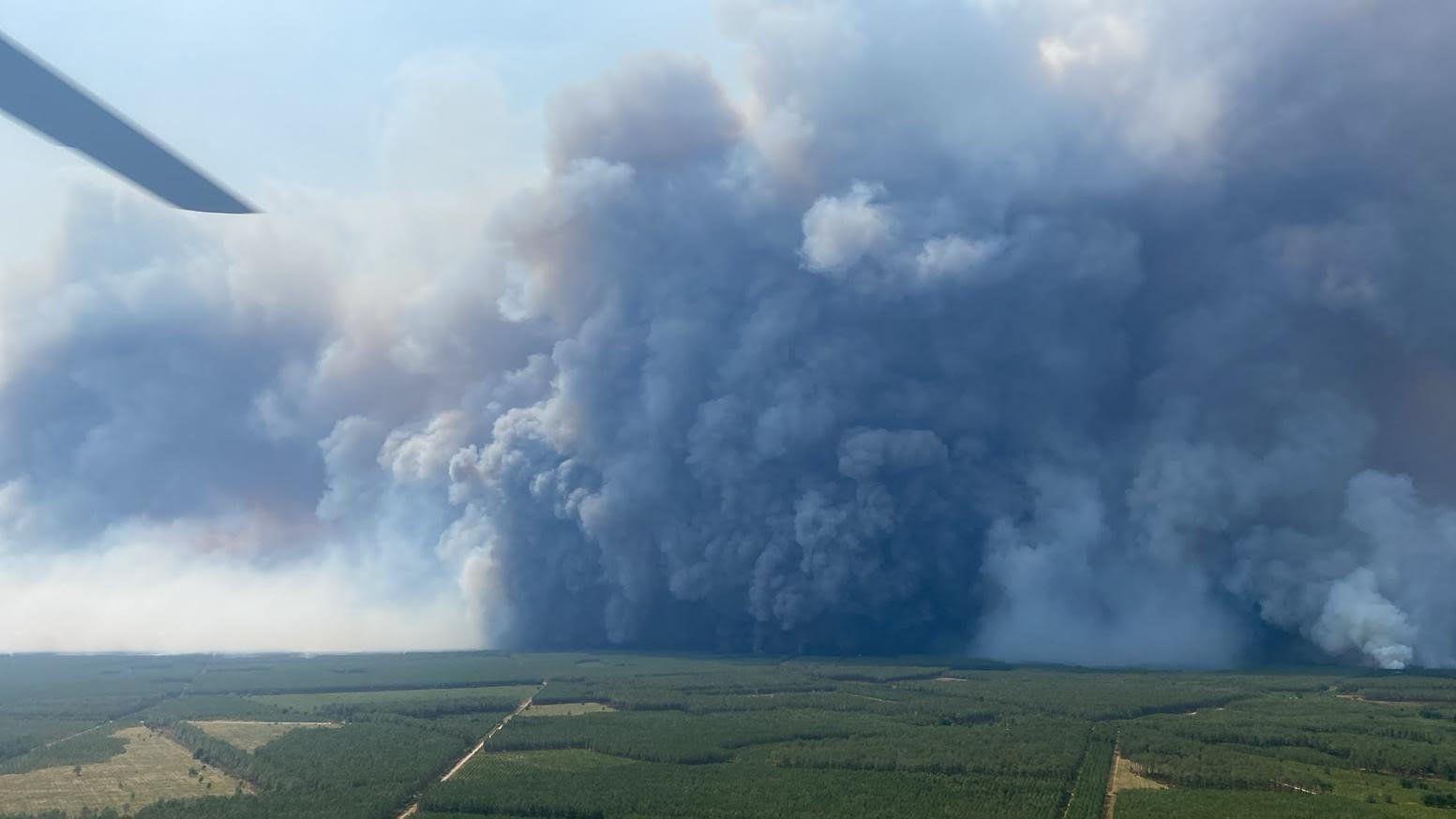 Turistas descansan en una playa francesa mientras en el horizonte se ve una nube de humo provocada por los incendios forestales.