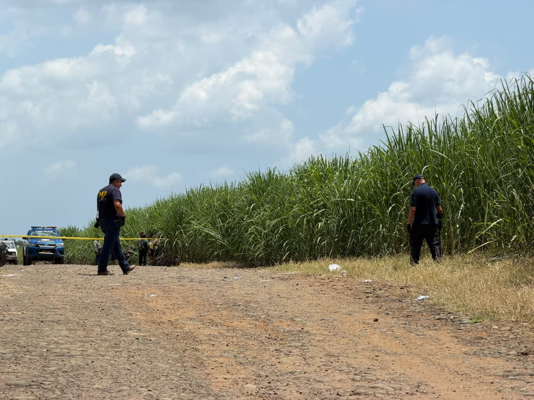 Autoridades resguardan la escena donde fueron localizados los cuerpos de una pareja y, junto a ellos, su hija de un año y dos meses, quien fue encontrada con vida entre los cañaverales de San Andrés Villa Seca, Retalhuleu. (Foto Prensa Libre: Victoria Ruiz)
