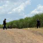 Autoridades resguardan la escena donde fueron localizados los cuerpos de una pareja y, junto a ellos, su hija de un año y dos meses, quien fue encontrada con vida entre los cañaverales de San Andrés Villa Seca, Retalhuleu. (Foto Prensa Libre: Victoria Ruiz)