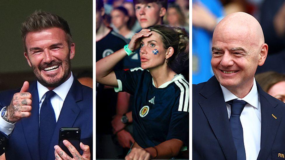 Una imagen compuesta de David Beckham, un aficionado escocés, y el presidente de la FIFA, Gianni Infantino. PA Media / Getty Images
