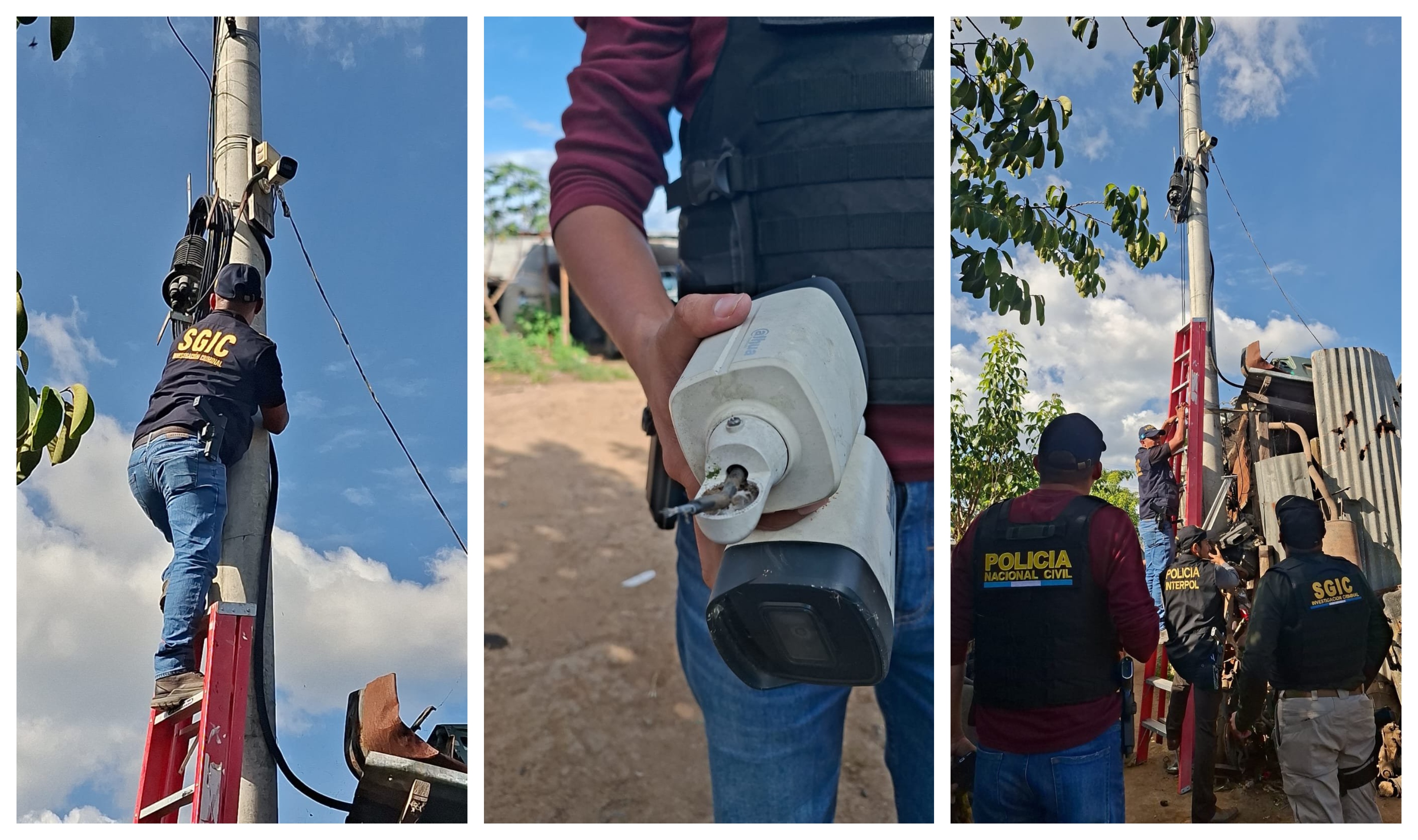 Investigadores de la PNC retiran cámaras de videovigilancia localizadas en la colonia San Pablo, zona 3 de Chimaltenango, durante un operativo contra estructuras de pandillas. (Foto Prensa Libre: PNC)