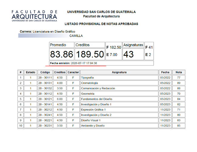 Certificación académica emitida en julio de 2026 a estudiante de la Facultad de Arquitectura de la Usac.