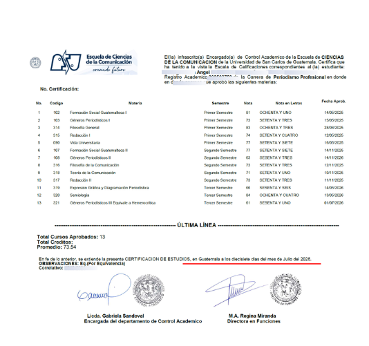 Certificación académica emitida en julio de 2026 a nombre de un estudiante de Ciencias de la Comunicación de la Usac.