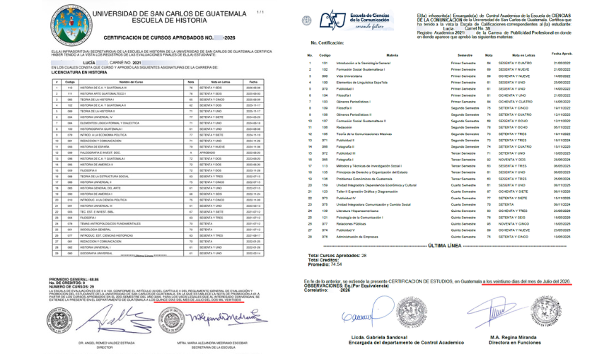 Certificaciones académicas emitidas en 2026 a estudiante con carreras simultáneas de Historia y Ciencias de la Comunicación en la Usac.