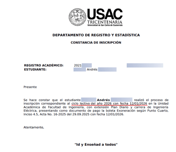 Constancia oficial de inscripción 2026 de estudiante de Ingeniería de la Usac.
