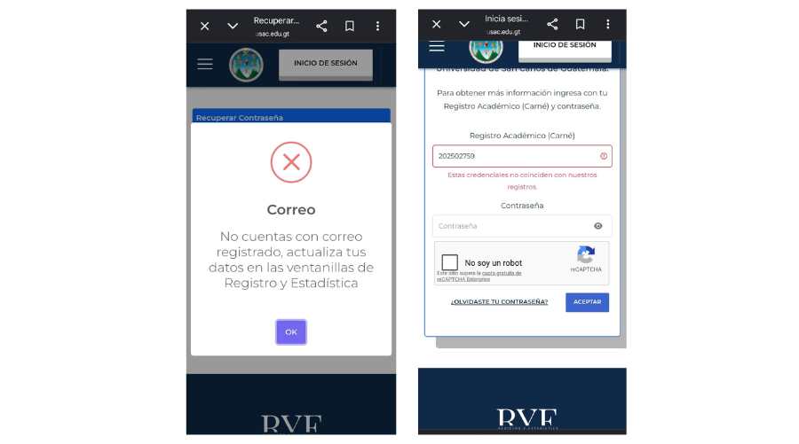 Pantallazo de la plataforma de Registro y Estadística de la Usac con el mensaje de error al intentar acceder al registro académico de un estudiante.