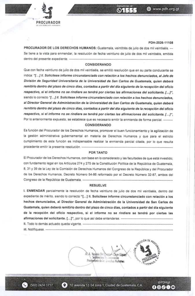 Oficio de la PDH enviado a la Usac por la denuncia sobre la eliminación de registros académicos de estudiantes.