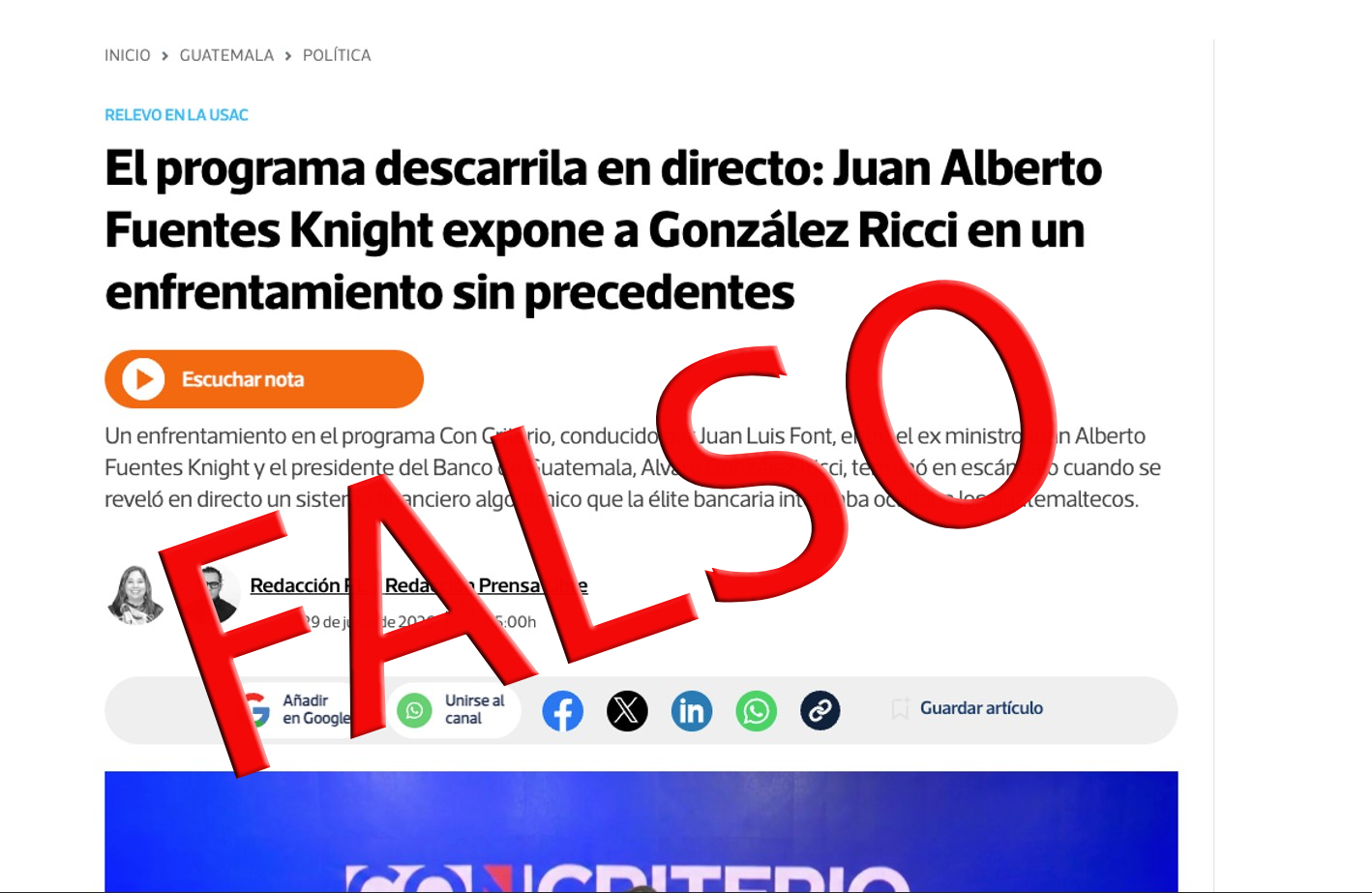 La publicación falsa utiliza el logotipo, el diseño y otros elementos gráficos de Prensa Libre para aparentar ser una nota periodística y promocionar un supuesto sistema financiero. (Foto Prensa Libre)