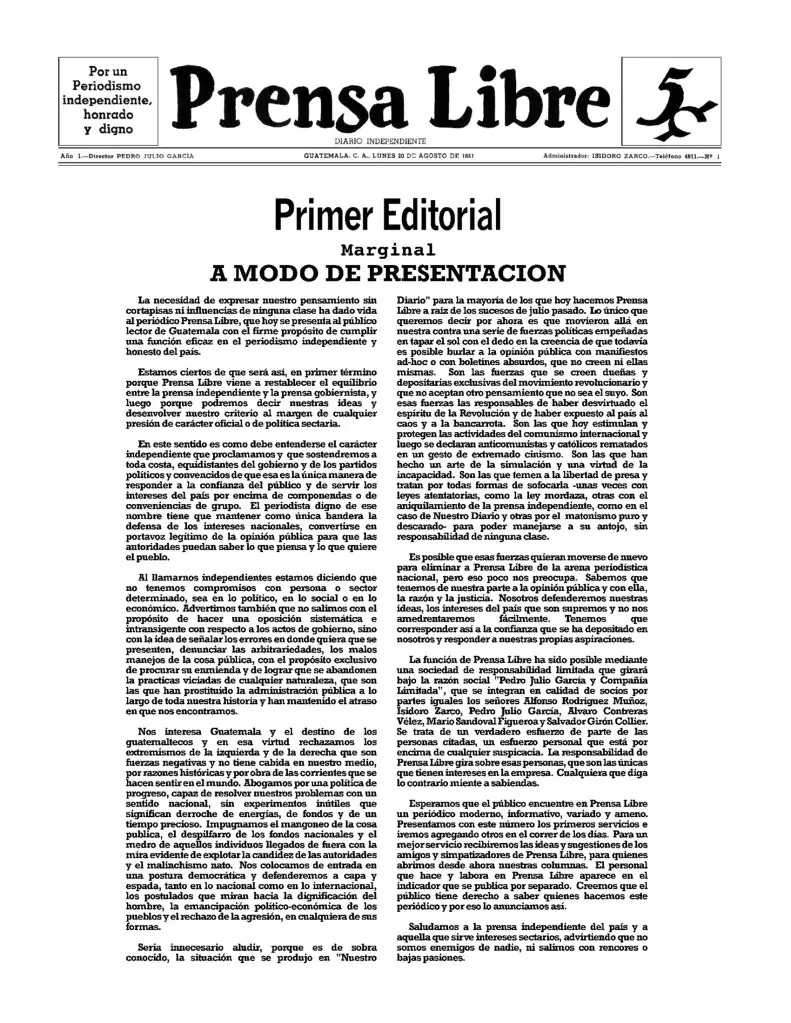 Primer editorial de Prensa Libre.