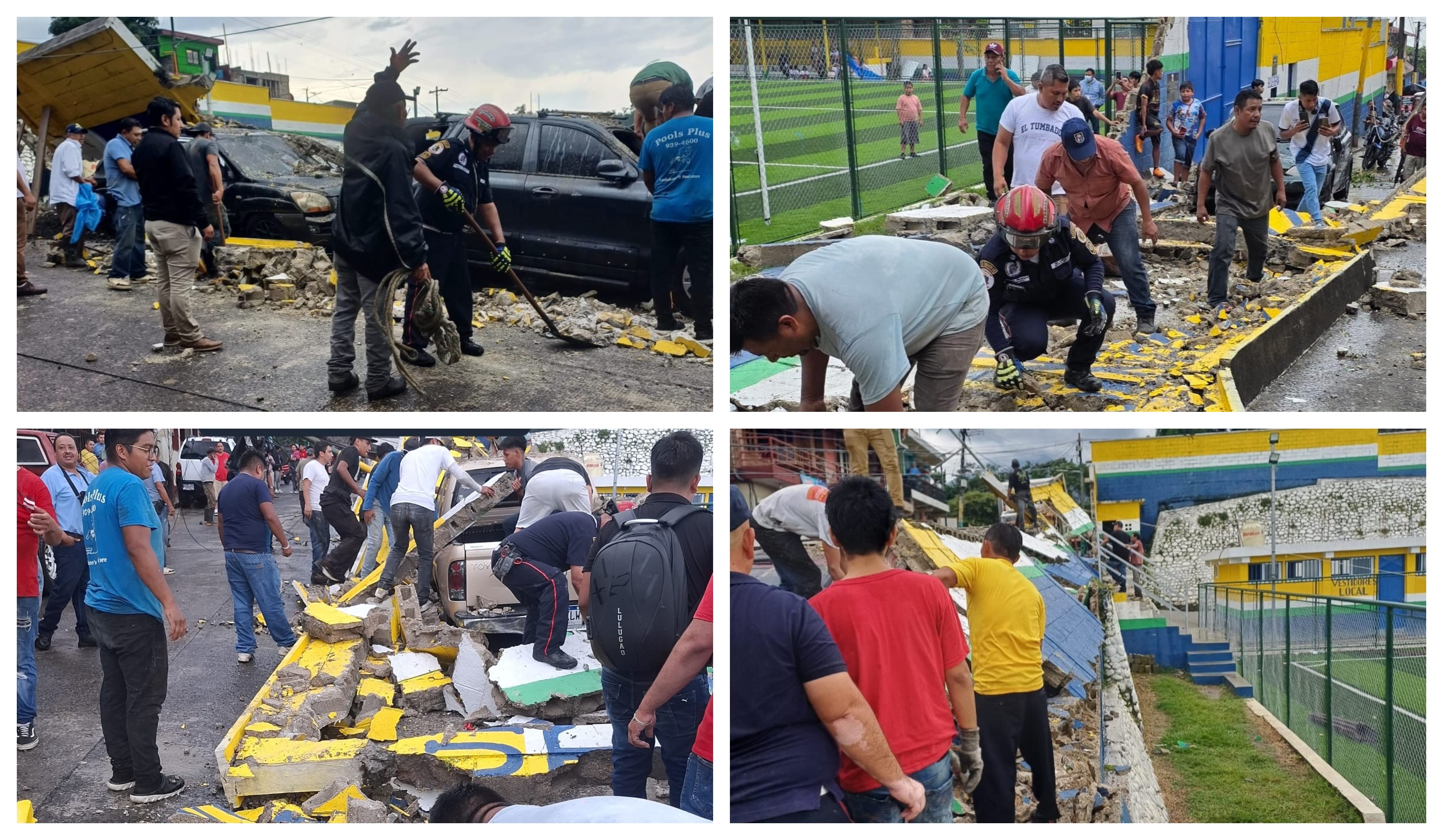 Bomberos Municipales Departamentales inspeccionan el área donde una pared del estadio Mario Méndez Montenegro colapsó y cayó sobre varios vehículos estacionados en El Tumbador, San Marcos. (Foto Prensa Libre: CBMD)