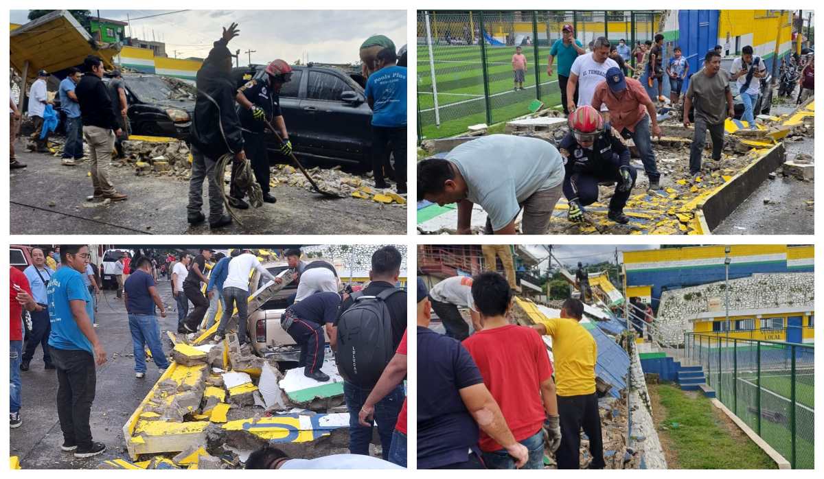 Bomberos Municipales Departamentales inspeccionan el área donde una pared del estadio Mario Méndez Montenegro colapsó y cayó sobre varios vehículos estacionados en El Tumbador, San Marcos. (Foto Prensa Libre: CBMD)
