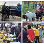 Bomberos Municipales Departamentales inspeccionan el área donde una pared del estadio Mario Méndez Montenegro colapsó y cayó sobre varios vehículos estacionados en El Tumbador, San Marcos. (Foto Prensa Libre: CBMD)