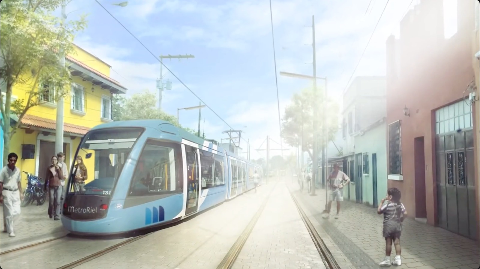 Simulación del MetroRiel circulando por una avenida del área metropolitana de Guatemala.