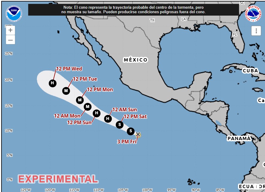 La trayectoria prevista de la tormenta tropical Genevieve la mantiene sobre el océano Pacífico, con desplazamiento hacia el oeste-noroeste y pronóstico de fortalecerse hasta convertirse en huracán durante el fin de semana. (Foto Prensa Libre: NHC)
