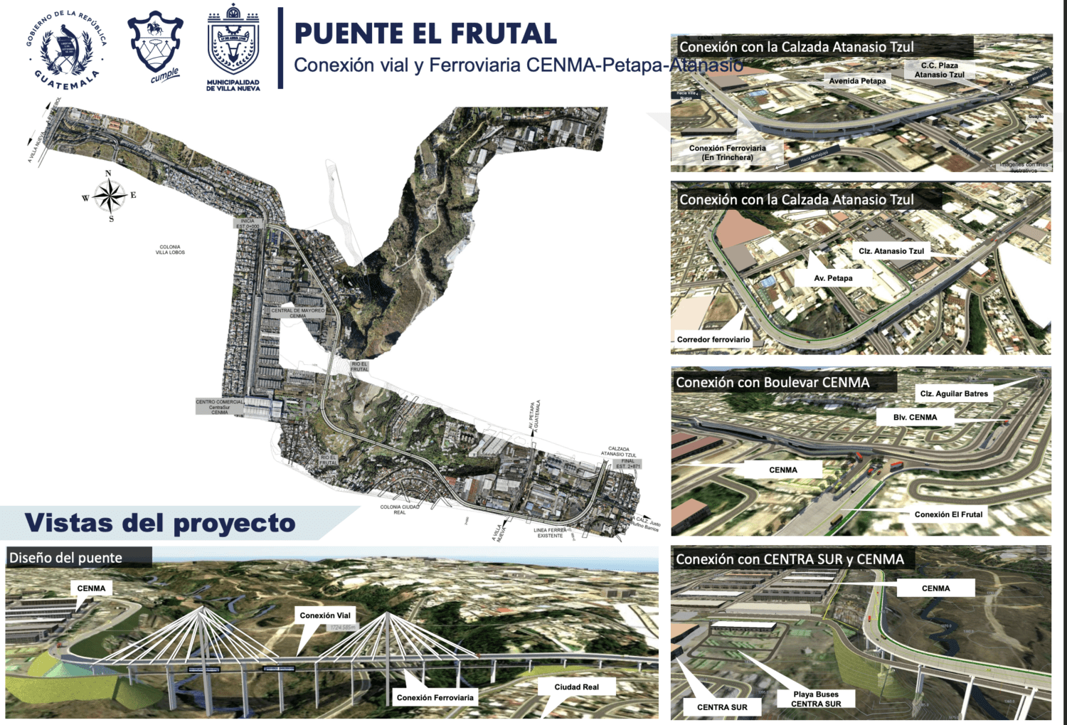 The recreation shows how the Frutal-Cenma bridge would strengthen metropolitan connectivity and link with the future MetroRiel. (Photo, Prensa Libre: courtesy Municipality of Guatemala)