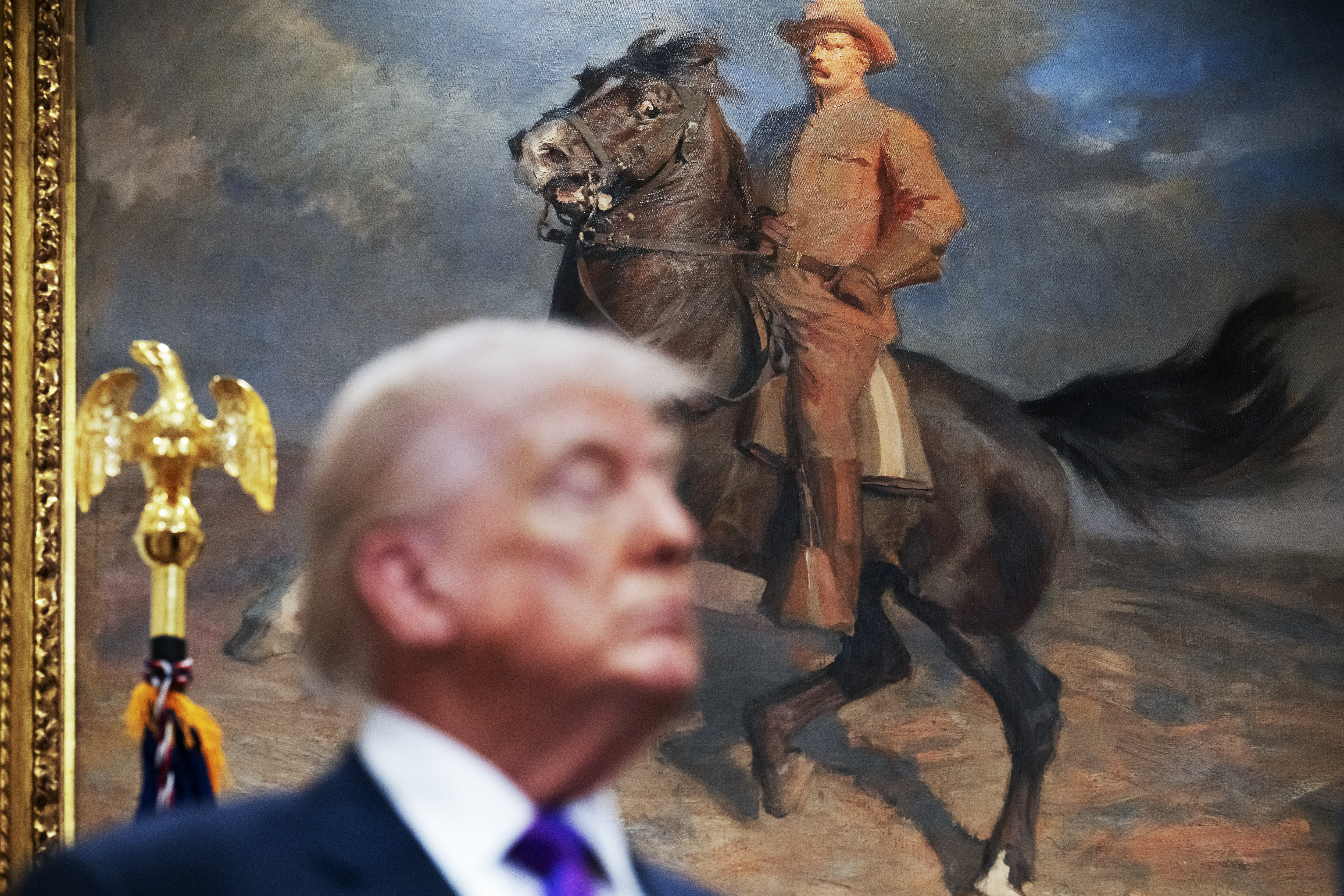 President Donald Trump stands in front of a painting of President Theodore Roosevelt at the White House in February. (Craig Hudson/For The Washington Post)