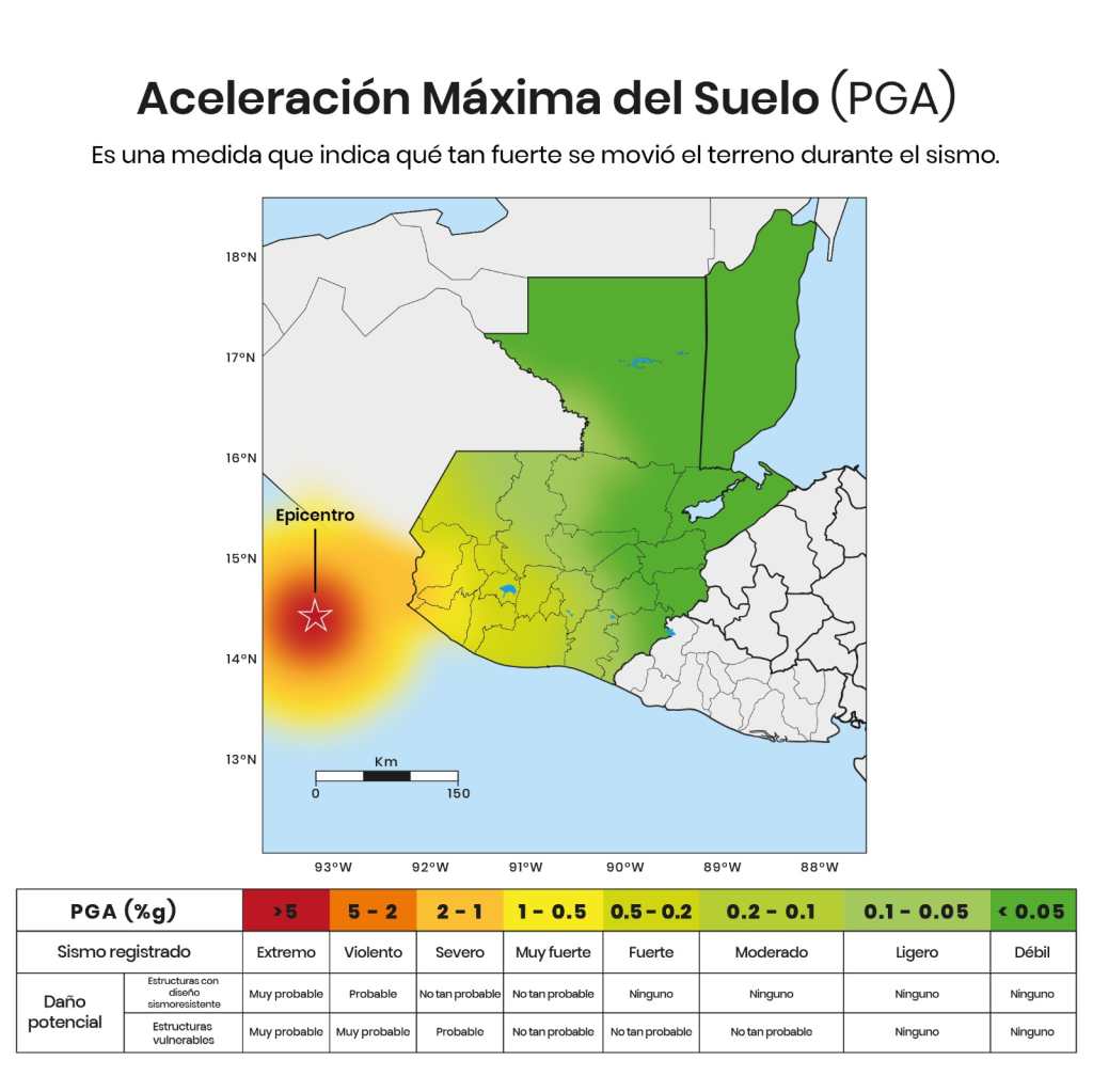 Imagen cortesía del SSG en donde se ilustras, según la escala de colores, qué tan fuerte se movió el terreno durante el sismo.