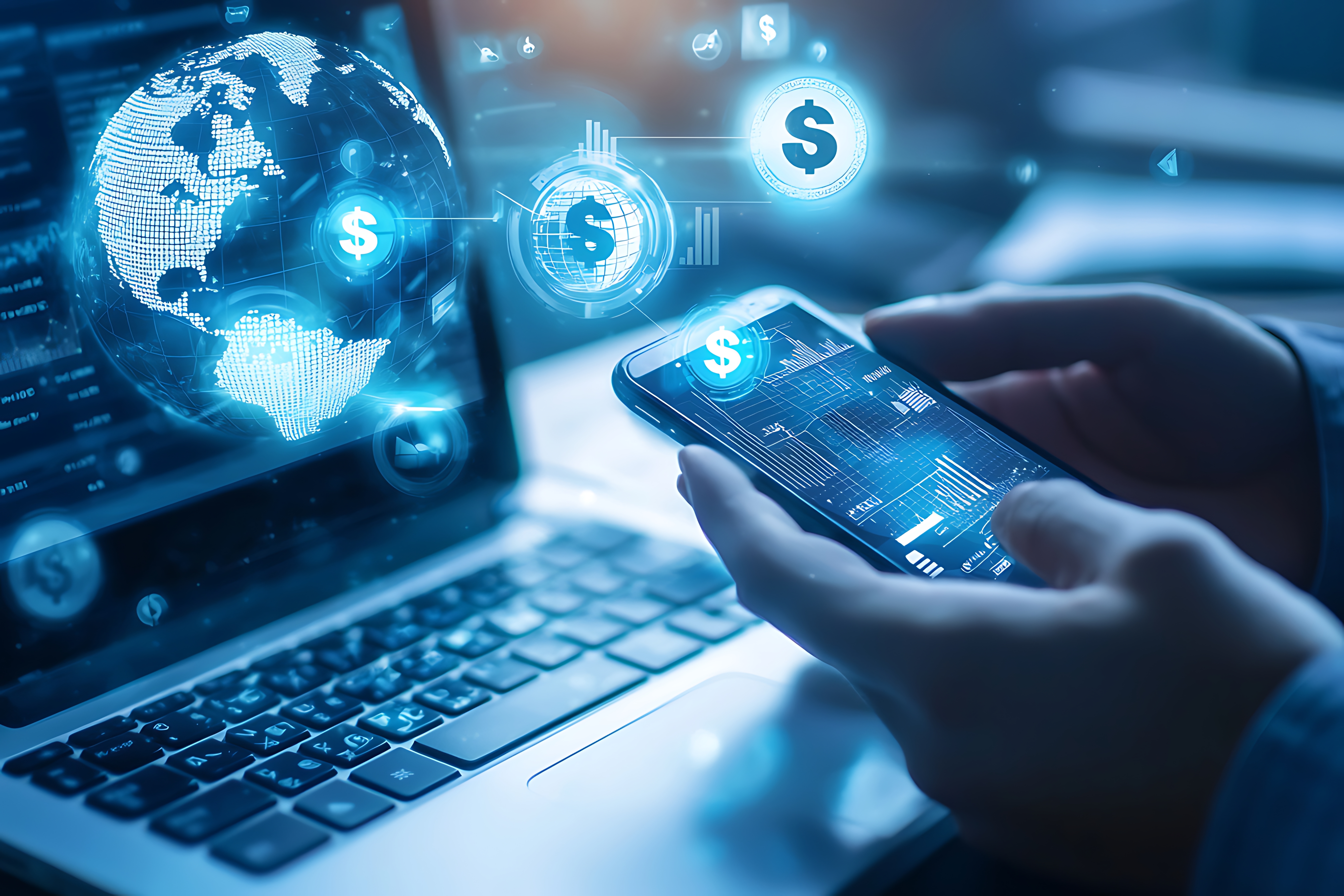 A person using their smartphone to create an online marketing campaign. The screen displays a floating globe and money icons above the phone screen on one side of it. The background is blurred with soft lighting, highlighting details like a laptop keyboard or office setting, symbolizing digital marketing technology in a business work environment. --ar 3:2 --q 2 - Image #2 @Hasnain Muavia