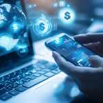 A person using their smartphone to create an online marketing campaign. The screen displays a floating globe and money icons above the phone screen on one side of it. The background is blurred with soft lighting, highlighting details like a laptop keyboard or office setting, symbolizing digital marketing technology in a business work environment. --ar 3:2 --q 2 - Image #2 @Hasnain Muavia