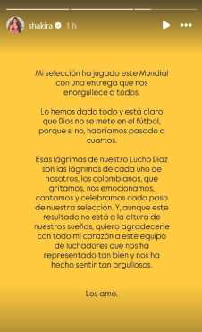 Shakira destaca la actuación de la selección colombiana en el Mundial 2026. (Foto Prensa Libre: instagram.com/shakira)