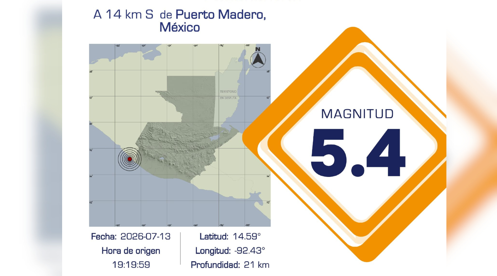 Boletín del Servicio Sismológico de Guatemala que muestra el epicentro del sismo de magnitud 5.4 registrado frente a las costas del Pacífico de México.