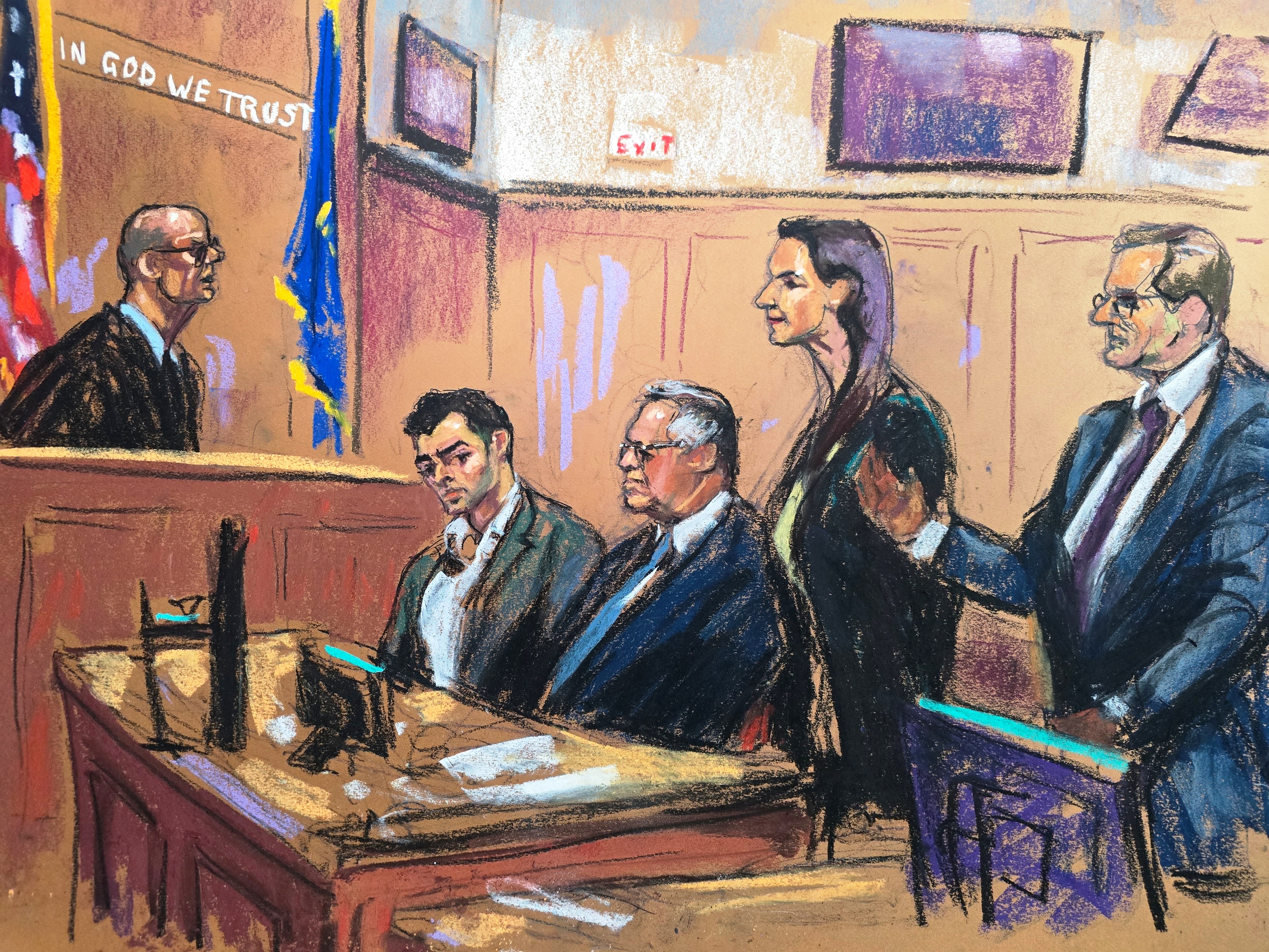Fotografía de un dibujo realizado por la artista Jane Rosenberg que muestra al juez Gregory Carro, al fiscal Joel Seidemann, a Luigi Mangione y sus abogados Marc Agnifilo y Karen Agnifilo durante una audiencia, en un tribunal de Nueva York. (Foto Prensa Libre: EFE/Jane Rosenberg).