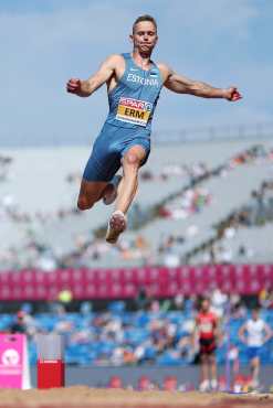 Birmingham (United Kingdom), 12/08/2026.- Johannes Erm of Estonia competes in the Men's Decathlon long jump event at the European Athletics Championships Birmingham 2026, Birmingham, Britain, 12 August 2026. (Salto de longitud, Decatlón, Reino Unido) EFE/EPA/ADAM VAUGHAN