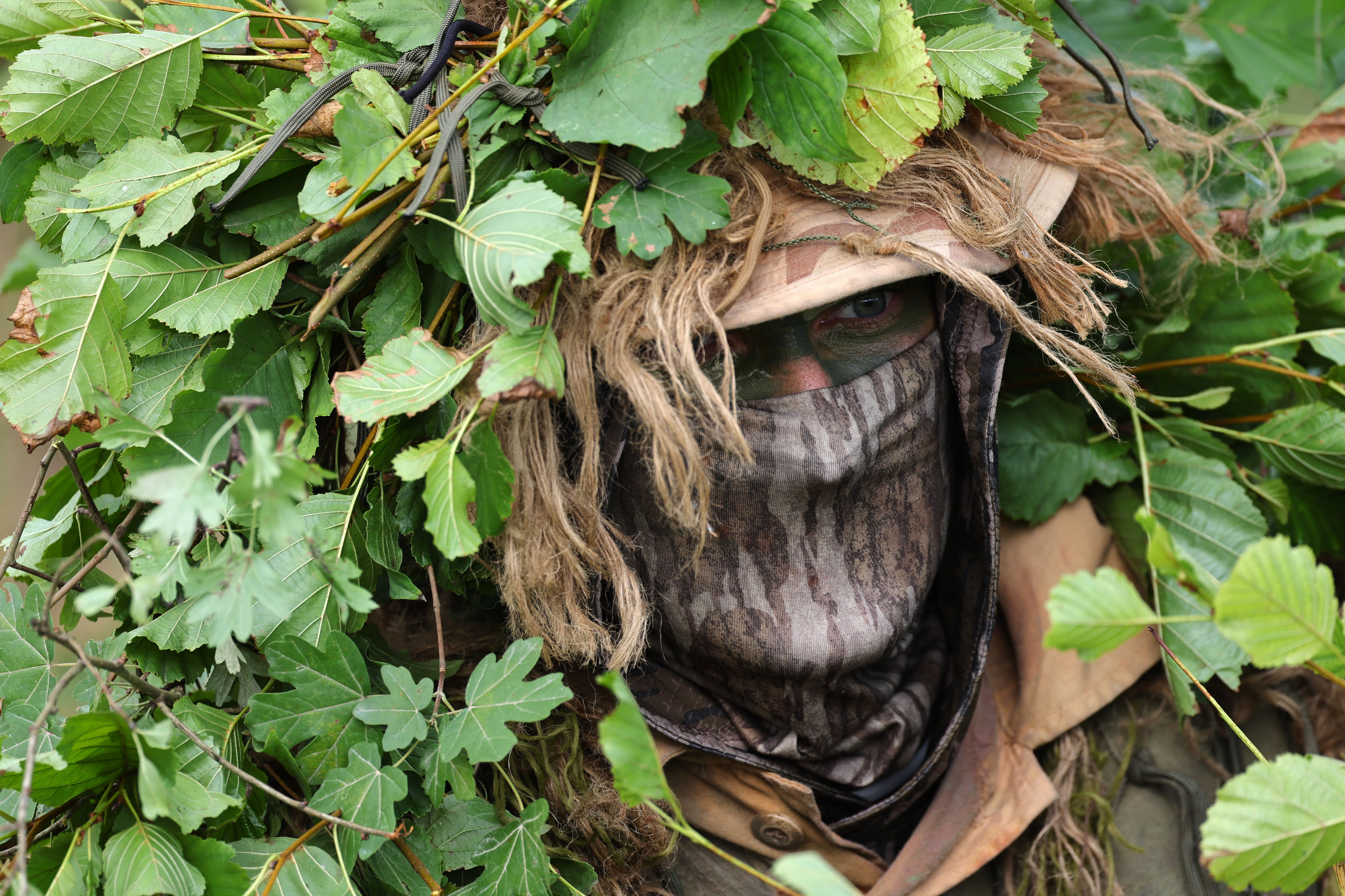 FOTODELDIA Hohenfels, 26/08/2026.- Un francotirador se oculta entre los arbustos durante el ejercicio «Saber Junction 26» en Hohenfels, 26 de agosto de 2026.EFE/ANNA SZILAGYI