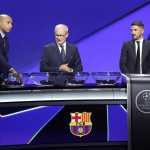 Monaco (Monaco), 27/08/2026.- UEFA deputy general secretary Giorgio Marchetti (C), former French international Thierry Henry (L) and former Spanish international David Villa during the 2026/27 UEFA Champions League league phase draw at the Grimaldi Forum in Monaco, 27 August 2026. (Liga de Campeones) EFE/EPA/SEBASTIEN NOGIER