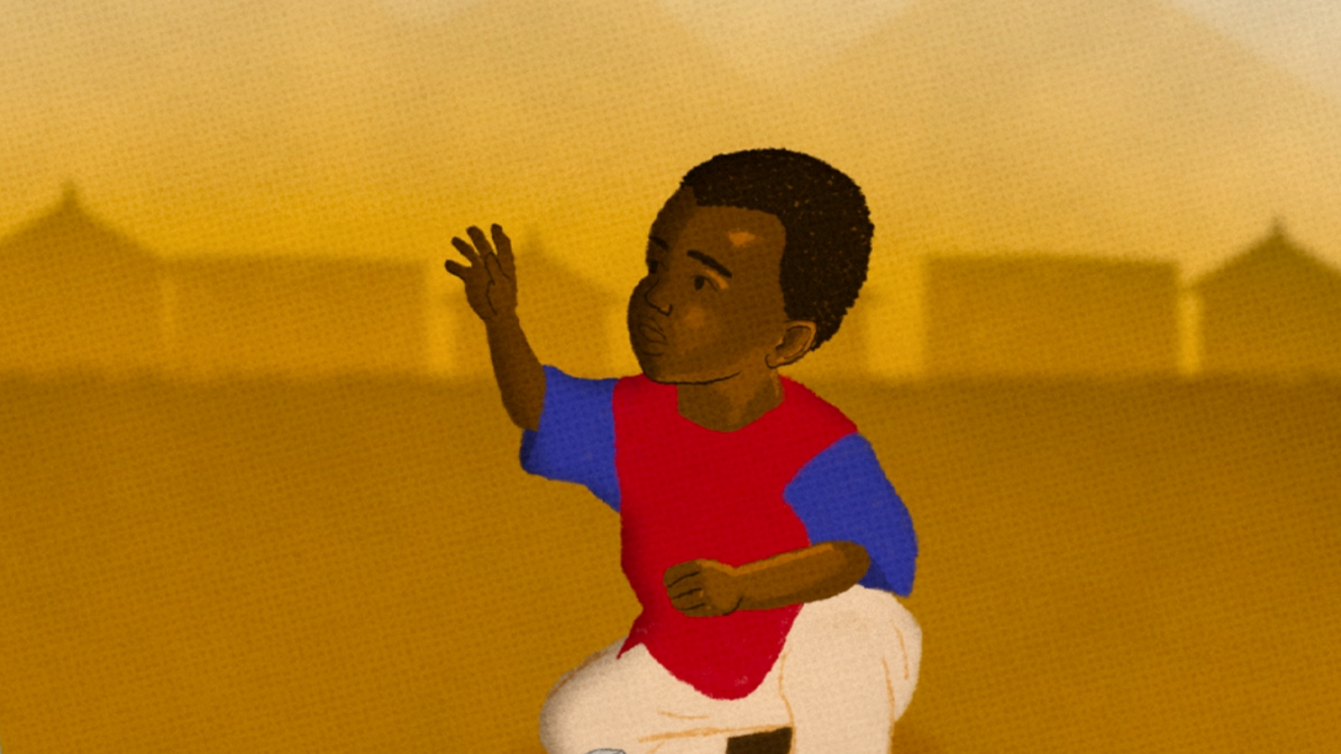 Una ilustración que muestra a un niño sentado en el suelo, al aire libre, con una camiseta azul y roja y extendiendo la mano.