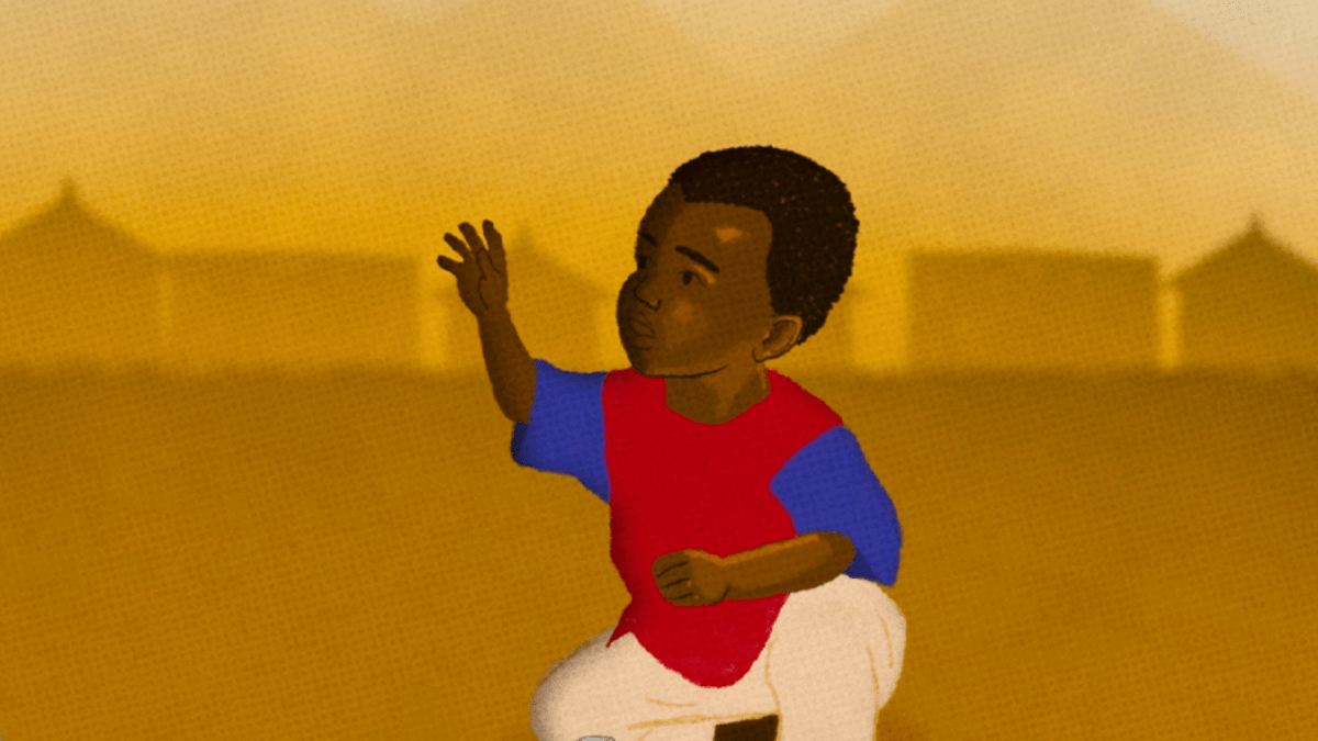 Una ilustración que muestra a un niño sentado en el suelo, al aire libre, con una camiseta azul y roja y extendiendo la mano.