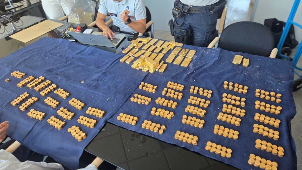 Imágenes de lingotes y monedas de oro. Los lingotes están alineados en filas a la izquierda de la imagen, y a la derecha se ve un cubo de metal lleno de monedas.