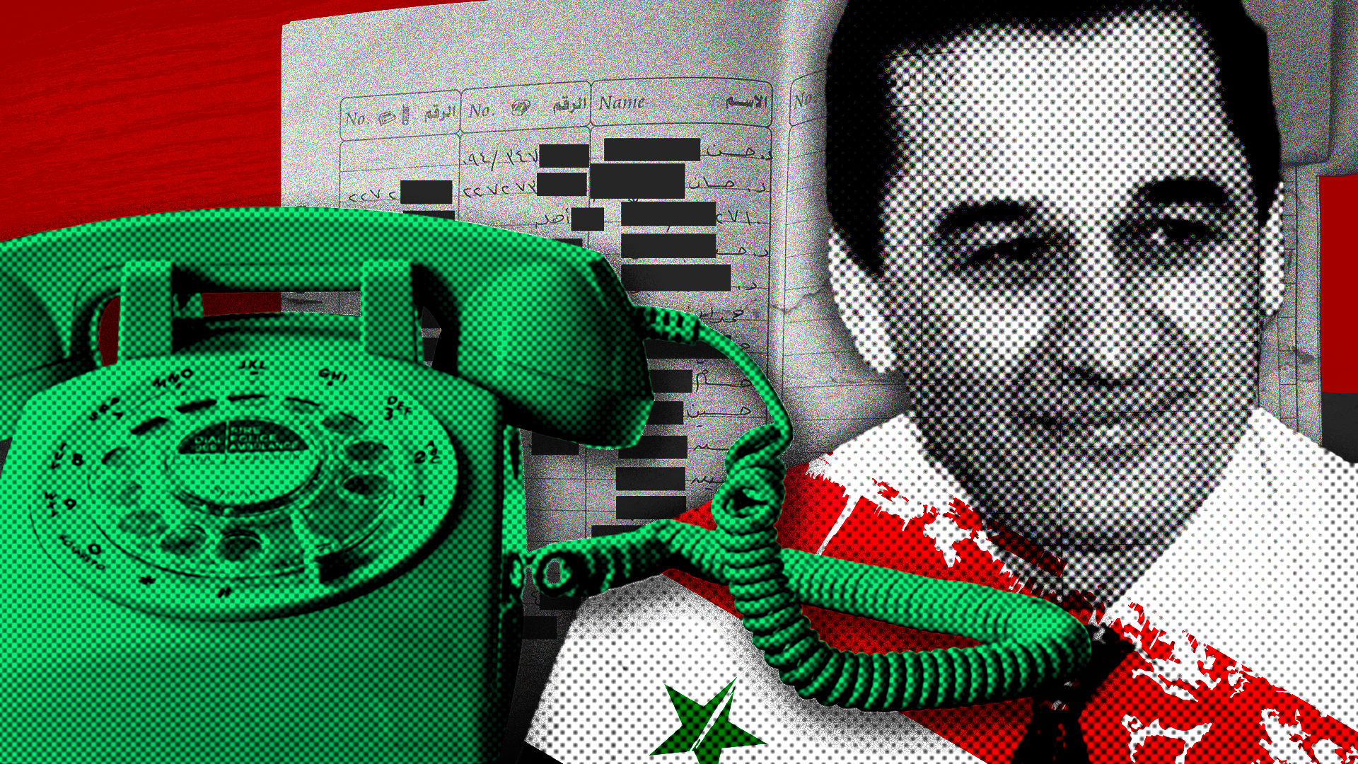 Hussam Luka, una guía de teléfono y un teléfono con la bandera de Siria
