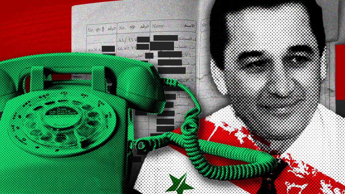 Hussam Luka, una guía de teléfono y un teléfono con la bandera de Siria
