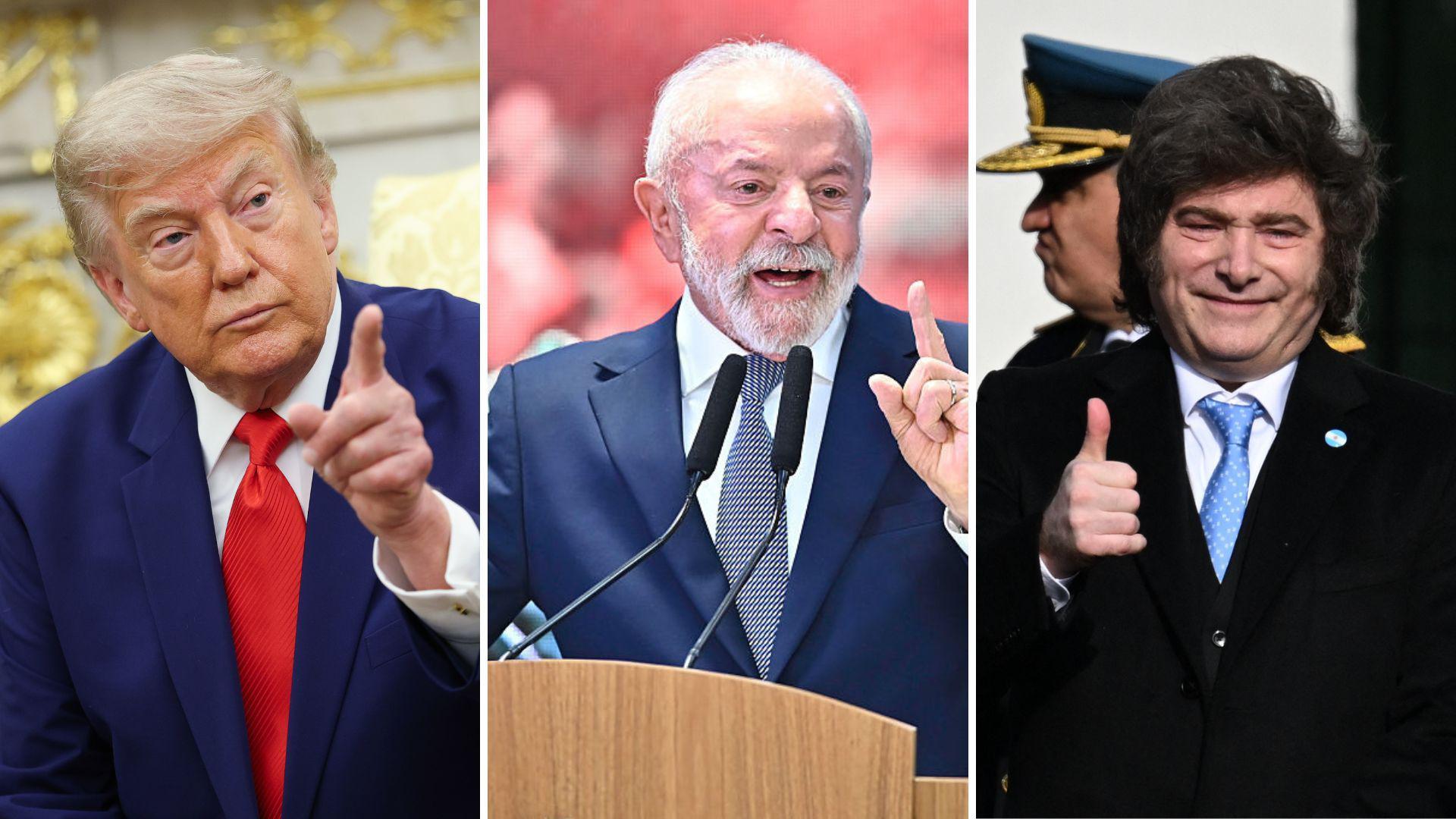 imagen compuesta de trump, lula y milei.