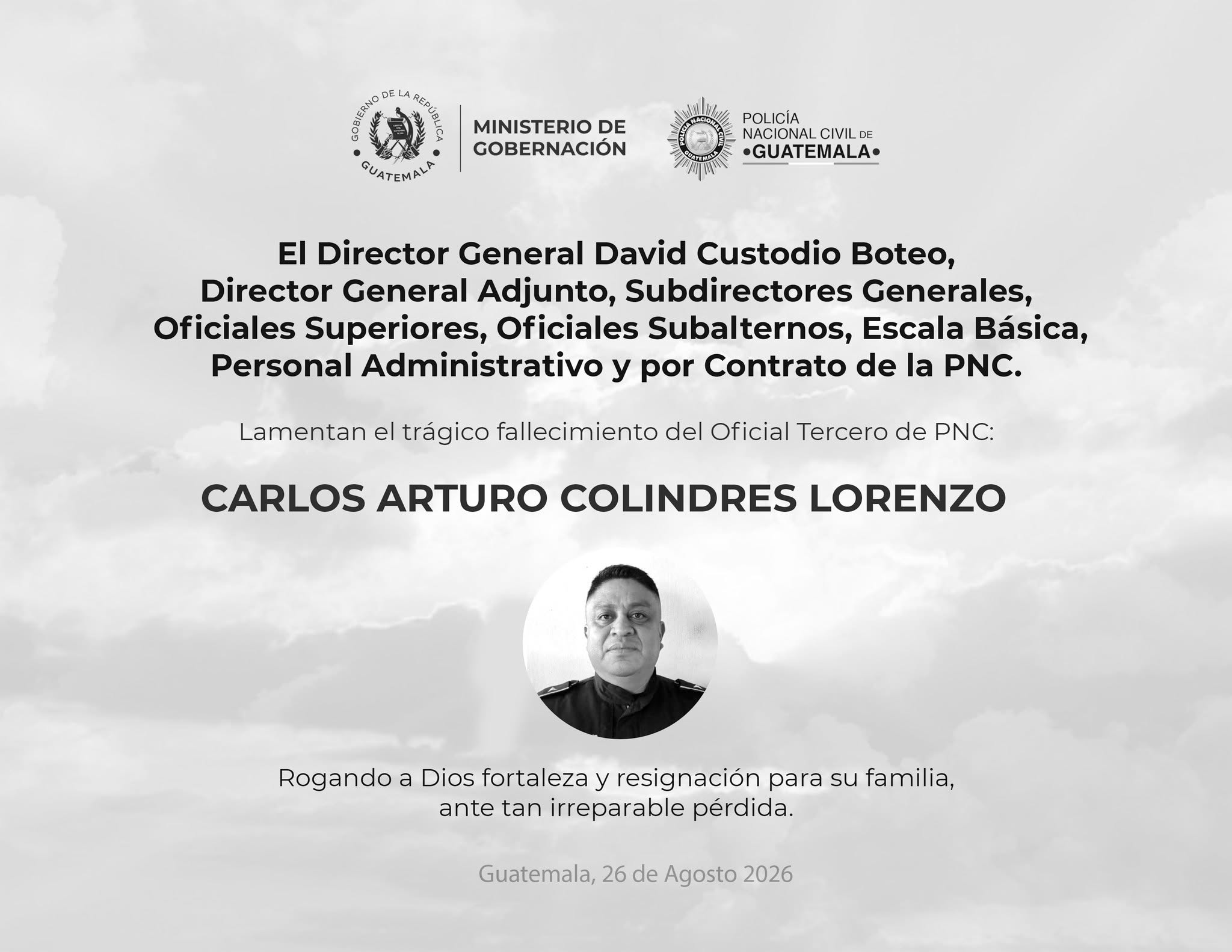 Carlos Arturo Colindres Lorenzo, oficial de la Policía Nacional Civil que murió después de resultar herido de bala durante un desalojo en Livingston, Izabal. (Foto Prensa Libre: PNC)
